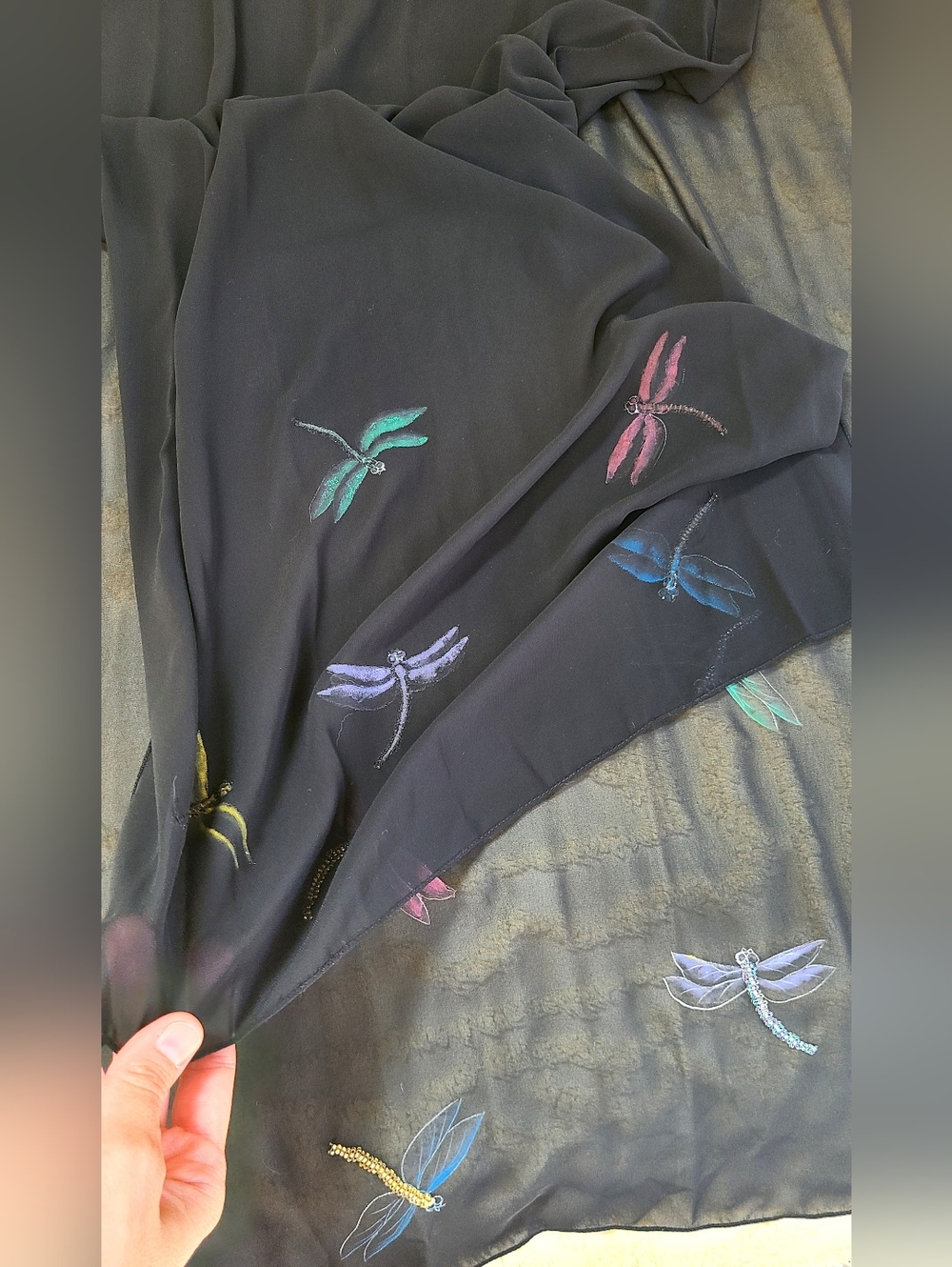 NWOT Cassandra Stone Elegant Black Dragonfly Maxi Dress With Matching Scarf - Picture 16 of 16